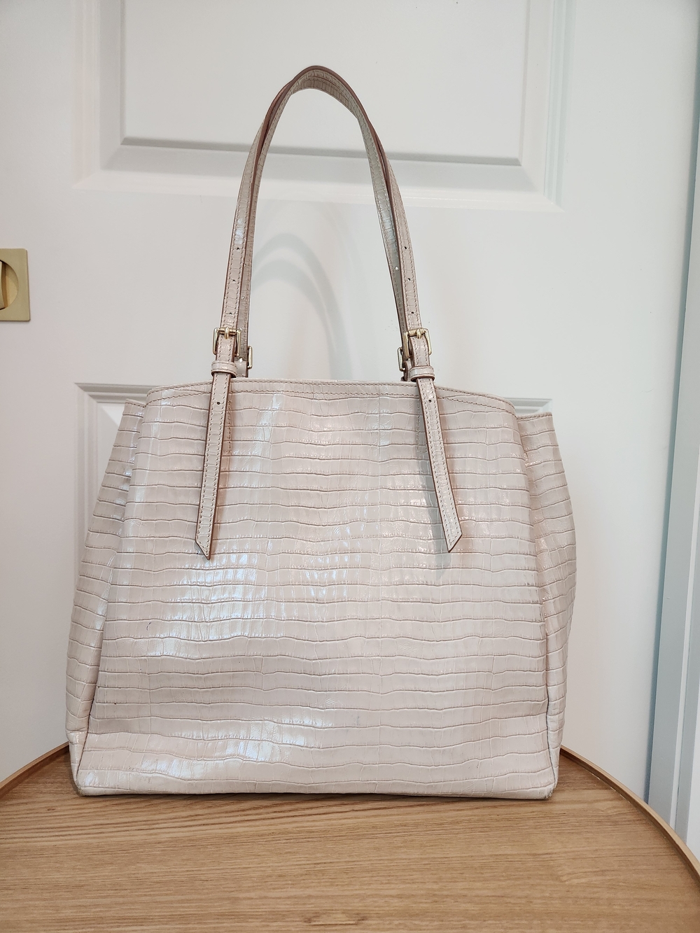 Sondra Roberts Cream Crocodile Leather Tote